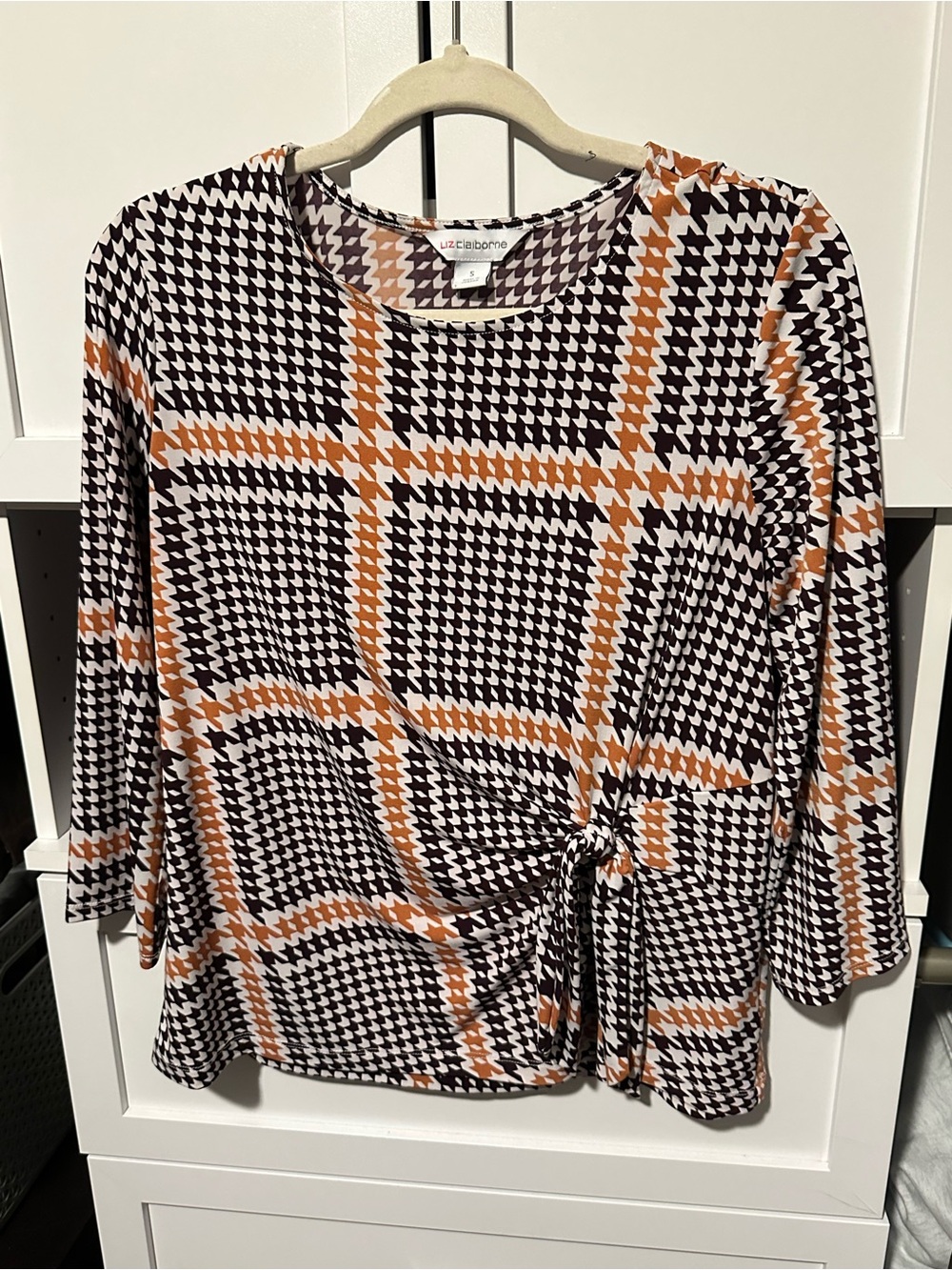 Liz Claiborne Brown Cream Houndstooth Side Tie Top Size Small Business Casual